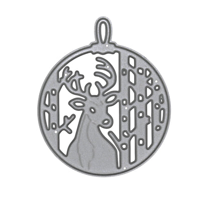 Stag Christmas bauble metal cutting die on white, featuring an antlered deer among bare woodland trees inside a round ornament.