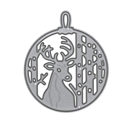 Stag Christmas bauble metal cutting die on white, featuring an antlered deer among bare woodland trees inside a round ornament.