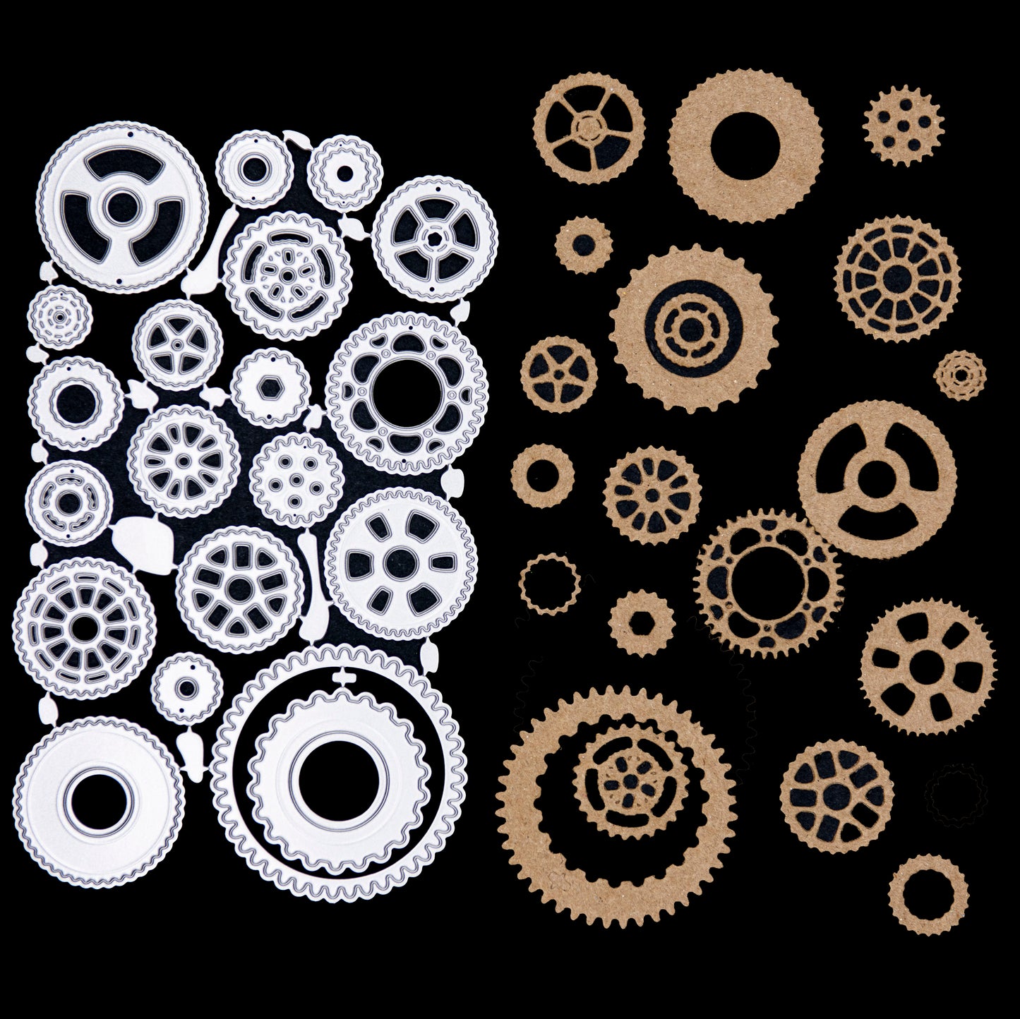 Steampunk gear wheel die cuts in kraft card showing 20 different cog and wheel designs