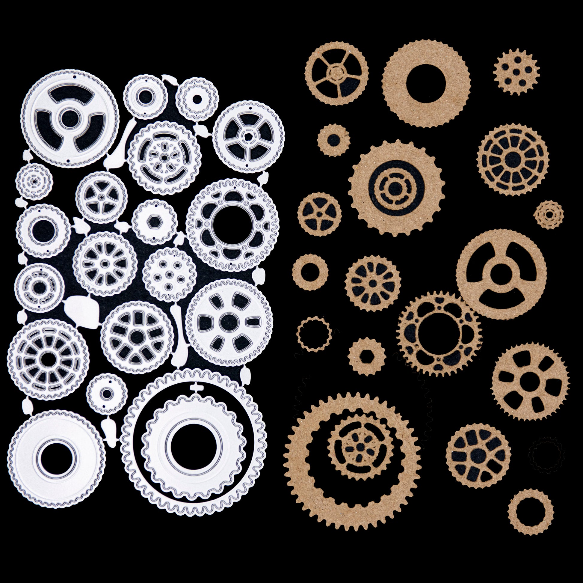 Steampunk gear wheel die cuts in kraft card showing 20 different cog and wheel designs