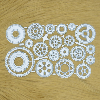 Steampunk gear wheel metal cutting dies set displayed on a faux fur background