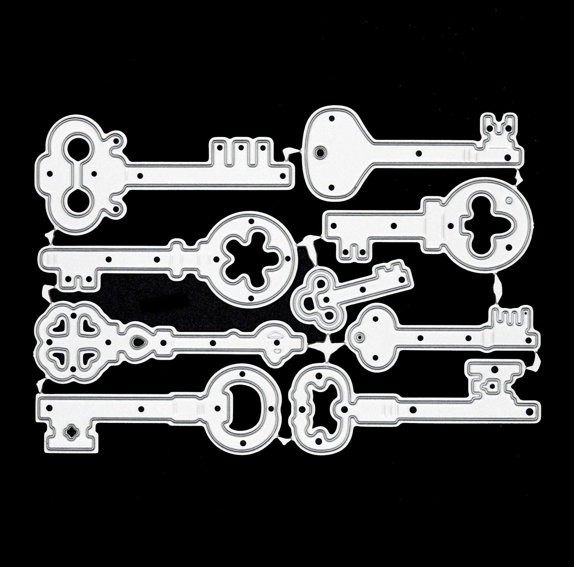Steampunk key metal cutting dies set with nine assorted vintage key designs for handmade cards and papercrafts