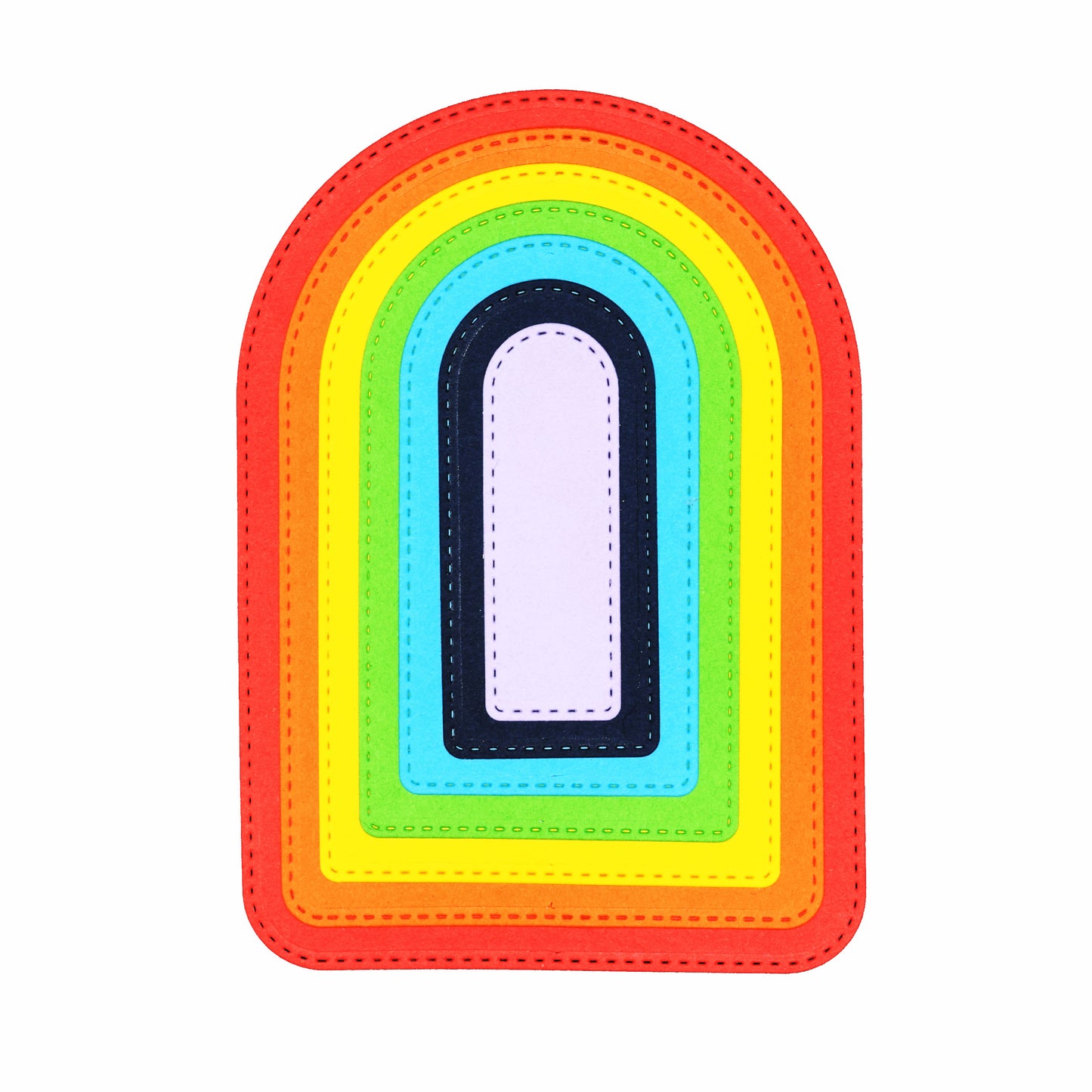 Colourful layered arch die cuts with stitched edging, showing the graduated nesting sizes for card making