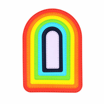 Colourful layered arch die cuts with stitched edging, showing the graduated nesting sizes for card making