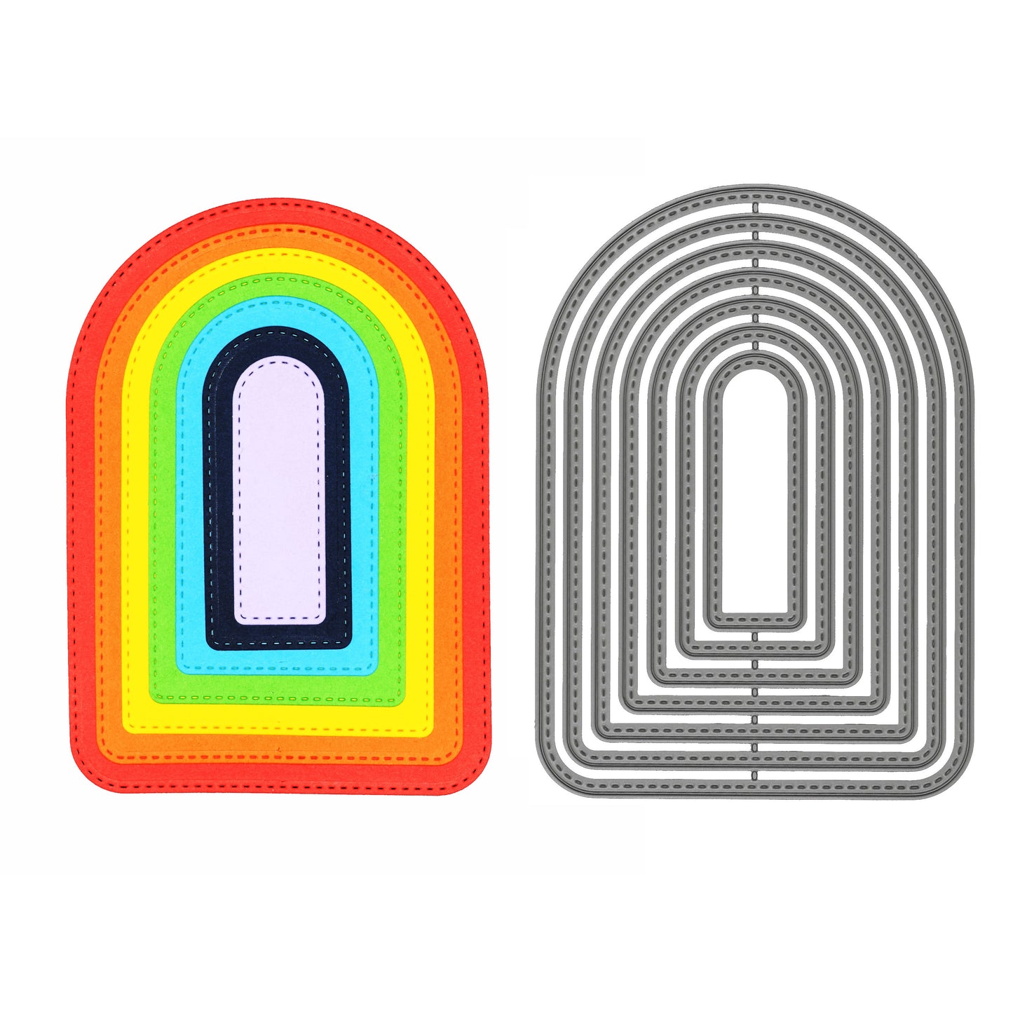 Colourful stitched arch die cuts displayed beside the seven nesting metal cutting dies on a white background.