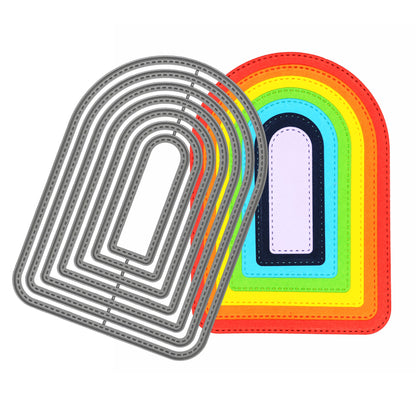 Seven stitched arch nesting metal cutting dies overlapping colourful layered example cuts for papercraft projects.