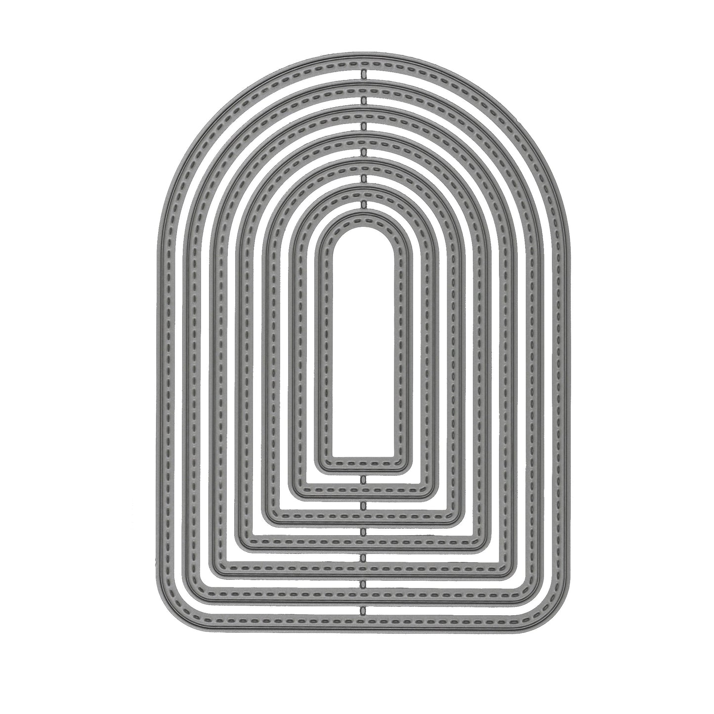 Seven-piece stitched arch nesting metal cutting die set displayed together on a clean white background.