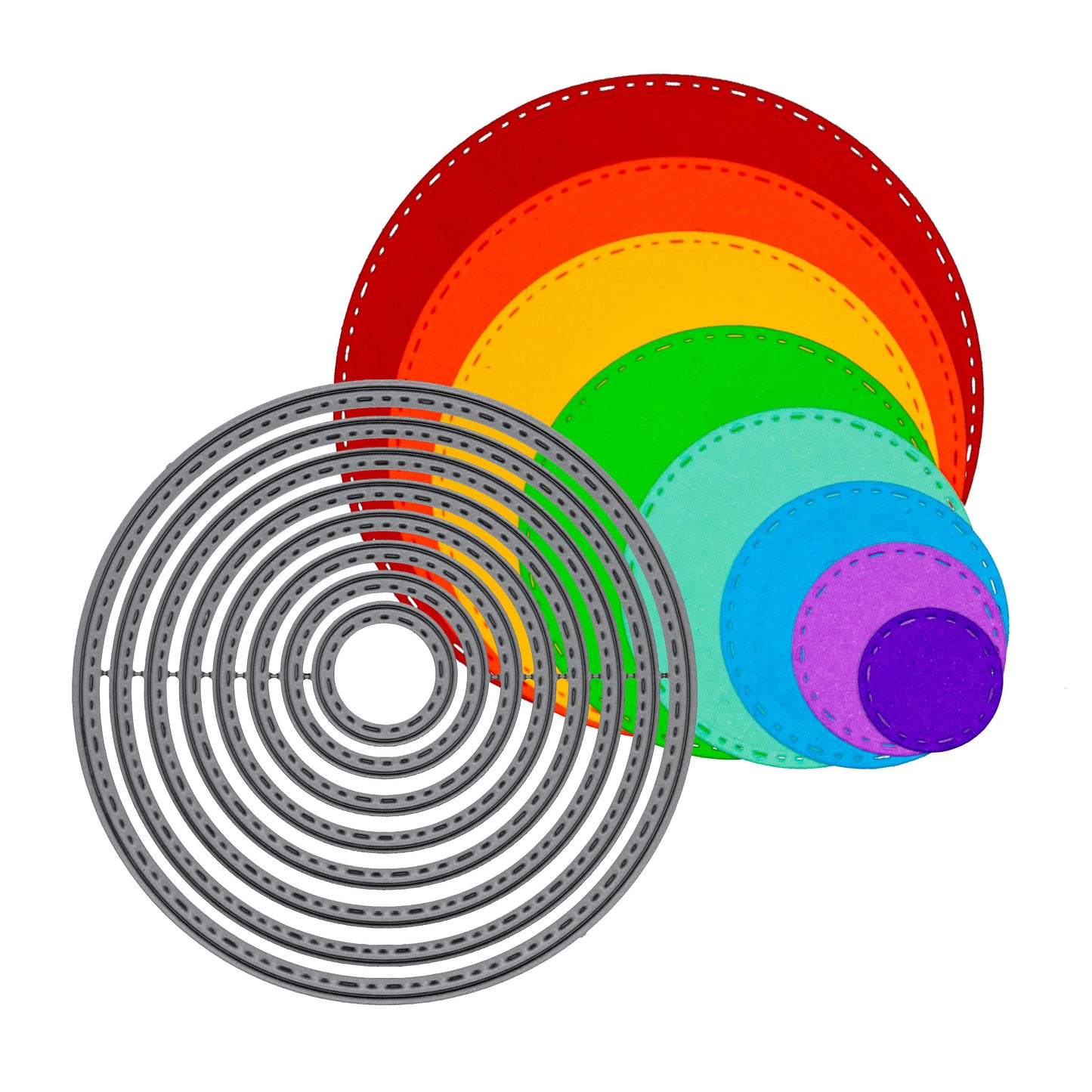 Eight stitched circle metal cutting dies displayed over colourful graduated circle cuts for card making and scrapbooking.