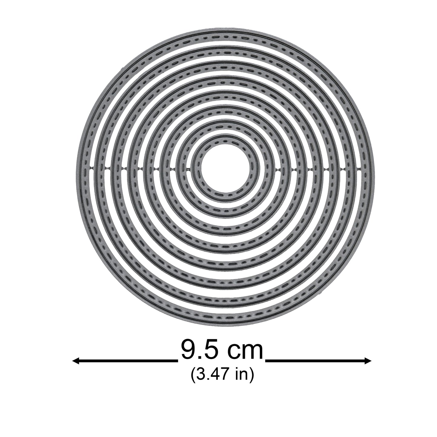 Stitched circle nesting metal cutting die set with the largest die measuring approximately 9.5 cm across.
