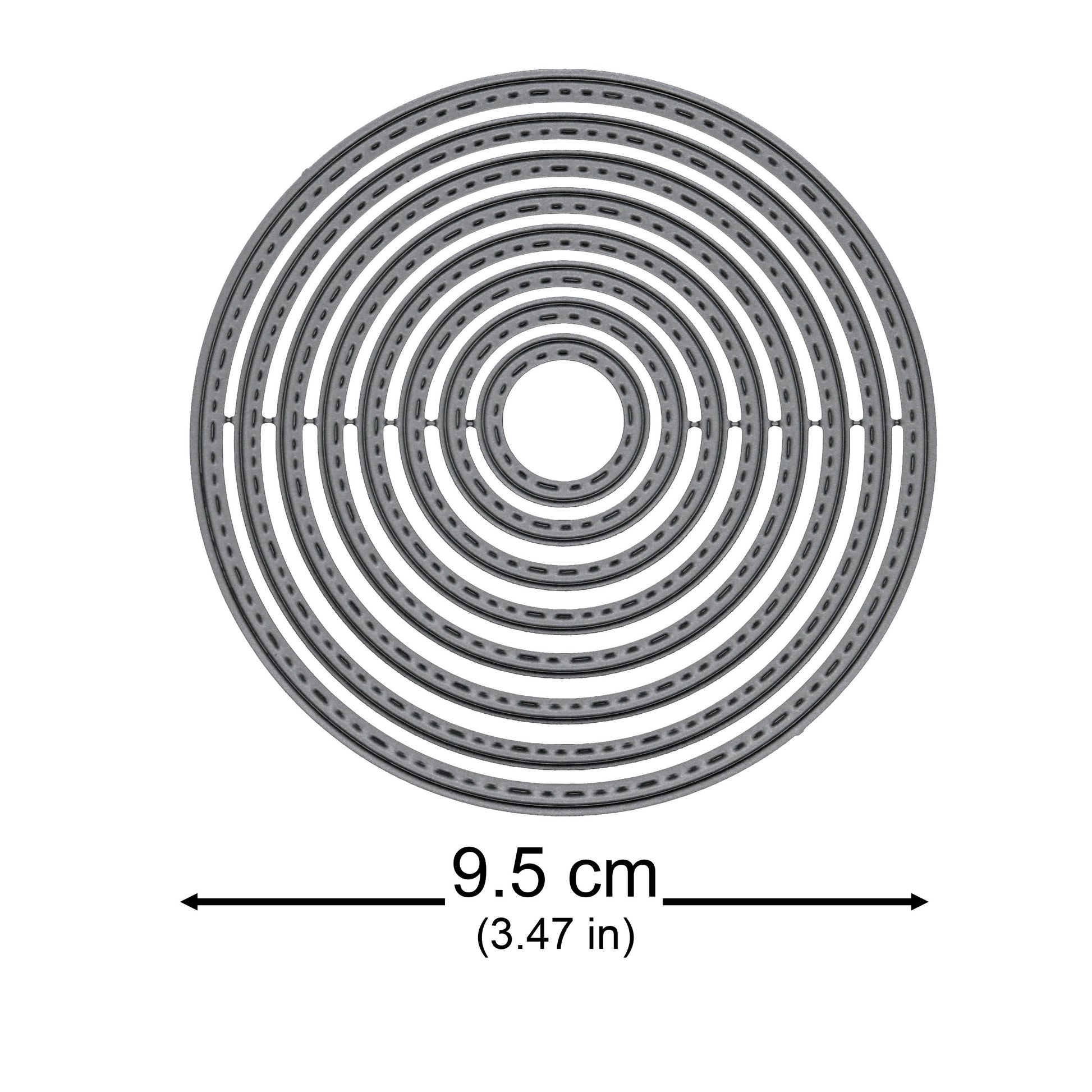 Stitched circle nesting metal cutting die set with the largest die measuring approximately 9.5 cm across.