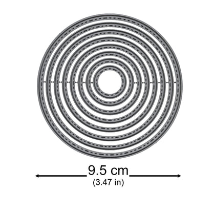 Stitched circle nesting metal cutting die set with the largest die measuring approximately 9.5 cm across.