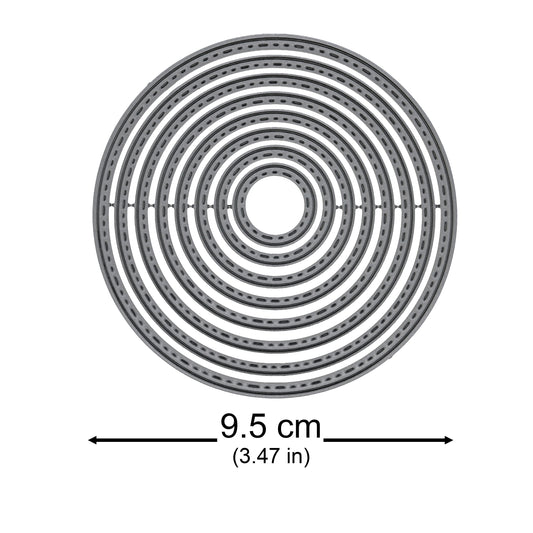 Stitched circle nesting metal cutting die set with the largest die measuring approximately 9.5 cm across.