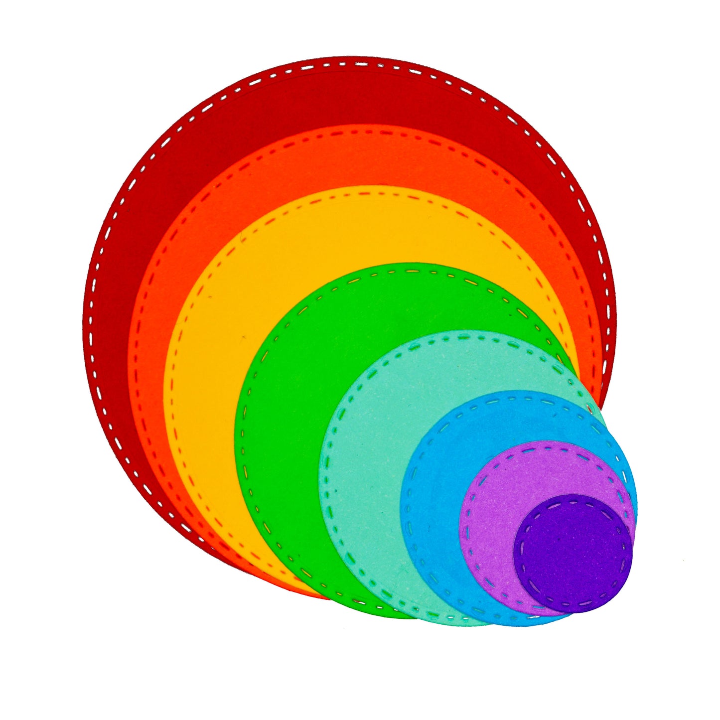 Brightly coloured stitched circle paper cuts in graduated sizes for card making, layering and papercraft projects.