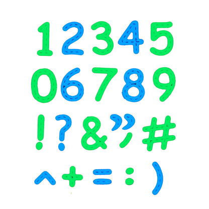 Green and blue stitched number and symbol die cuts showing numerals, punctuation and mathematical symbols for card making.