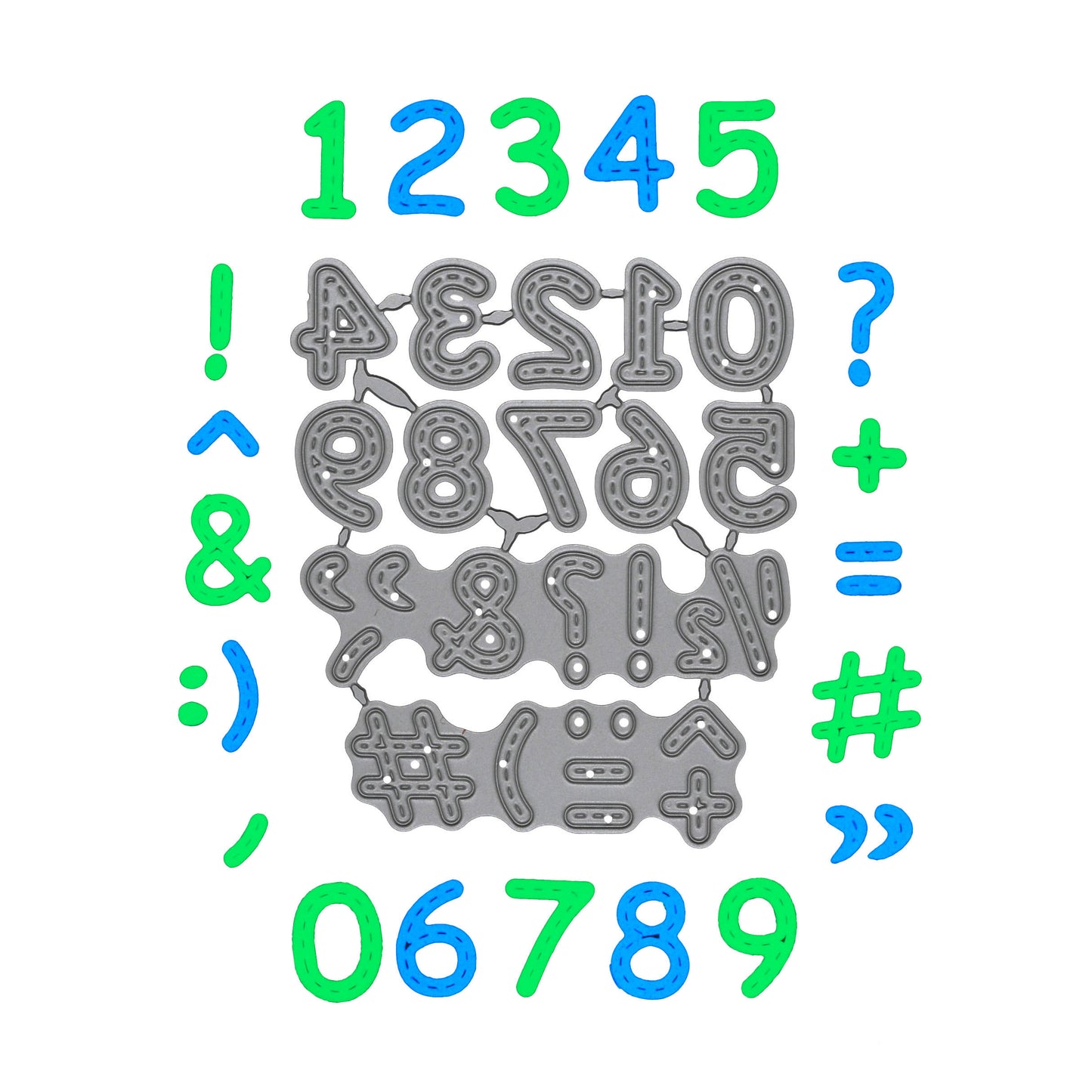 Stitched numbers and symbols metal cutting dies surrounded by green and blue example cuts showing the full design selection.