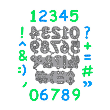 Stitched numbers and symbols metal cutting dies surrounded by green and blue example cuts showing the full design selection.