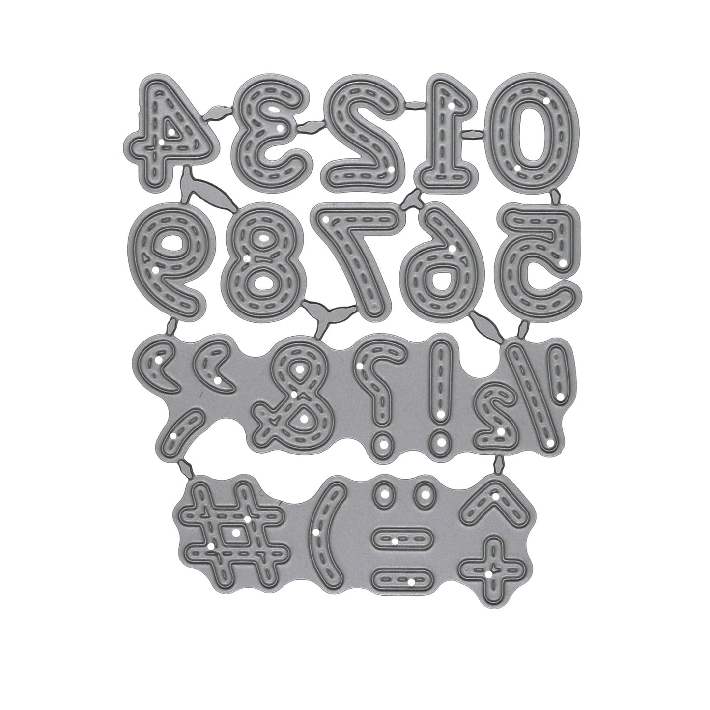 Stitched numbers and punctuation metal cutting die set on a white background for card making and papercraft.