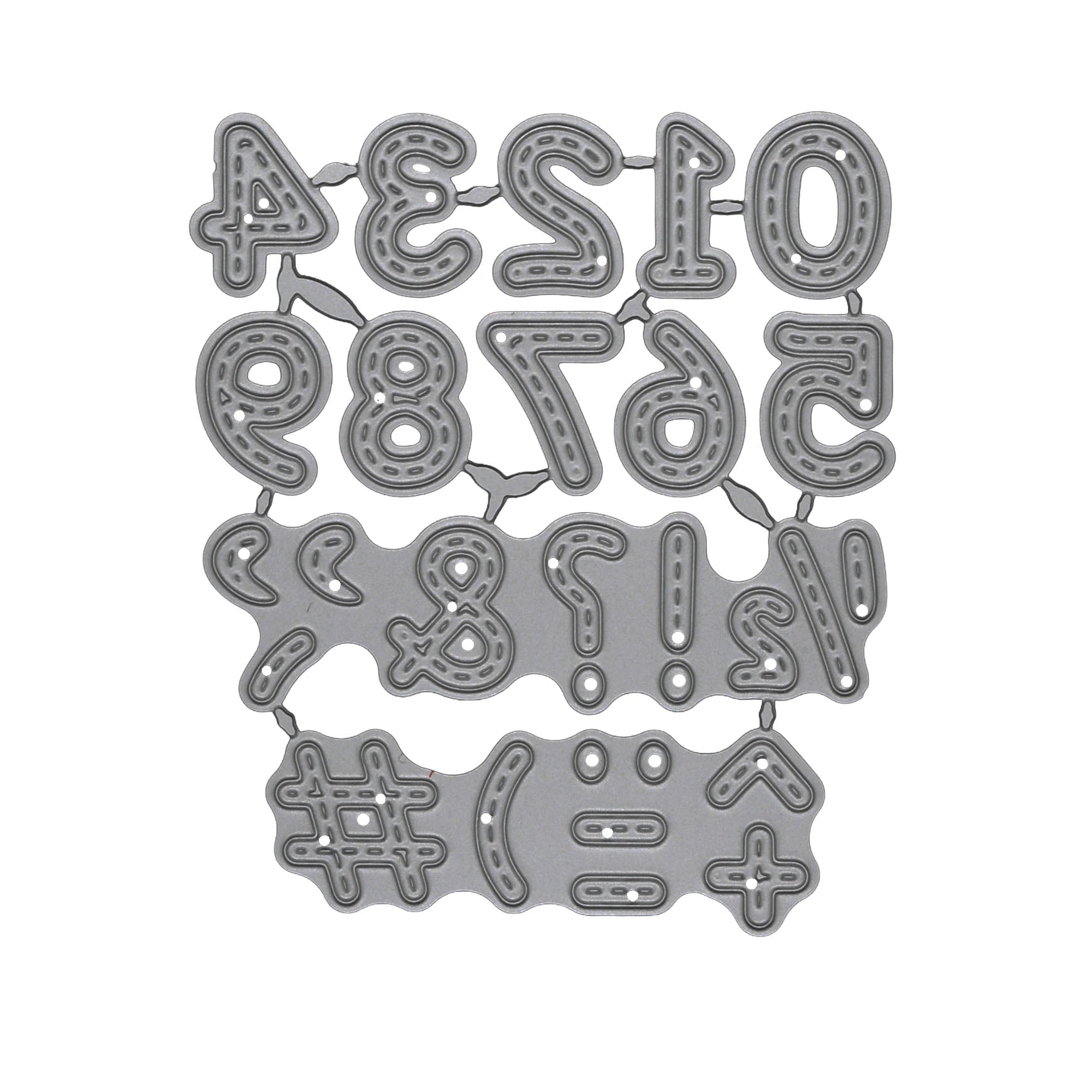 Stitched numbers and punctuation metal cutting die set on a white background for card making and papercraft.