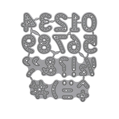 Stitched numbers and punctuation metal cutting die set on a white background for card making and papercraft.