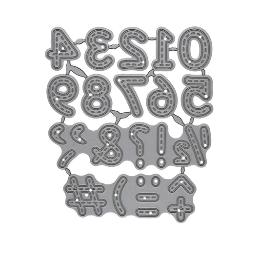 Stitched numbers and punctuation metal cutting die set on a white background for card making and papercraft.