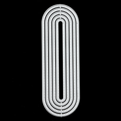 Stitched slimline oval metal cutting dies showing pierced edge detail and nesting sizes