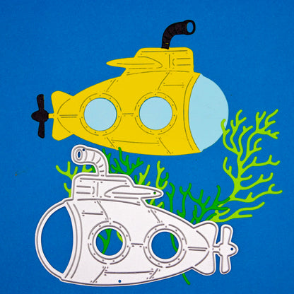 Submarine metal cutting die with cardstock cut example for card making