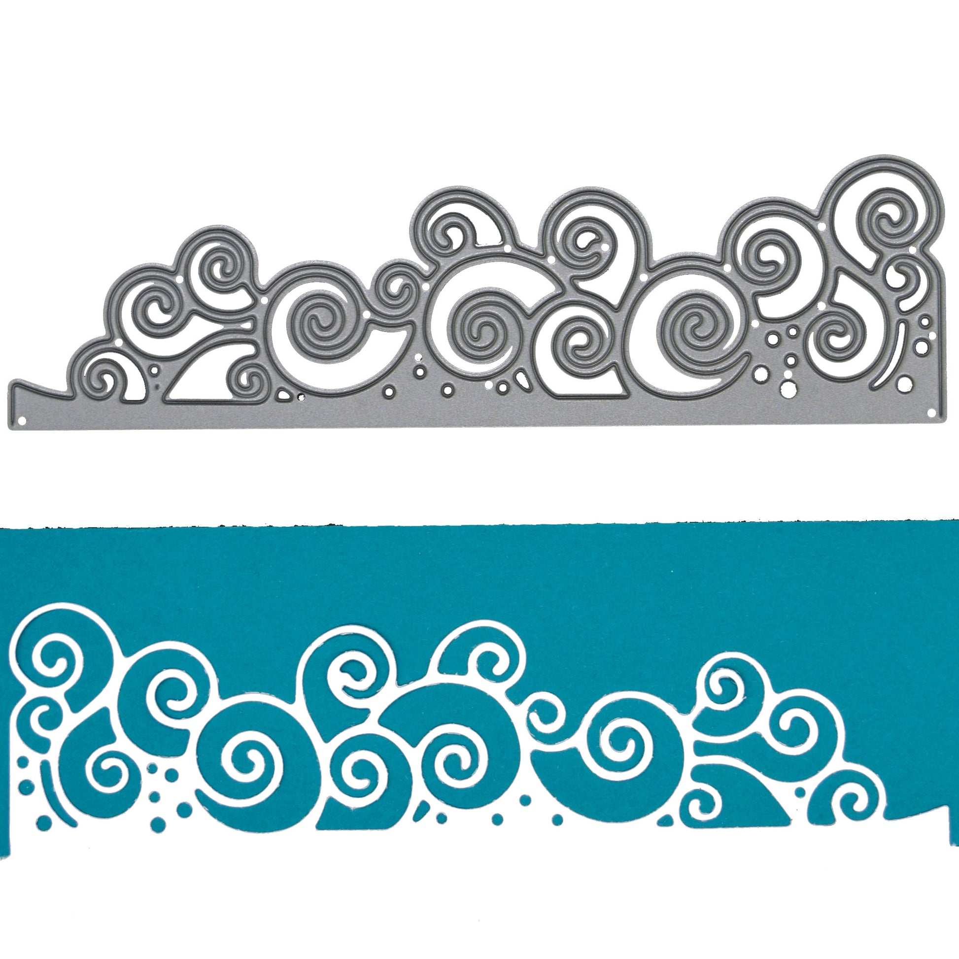 Swirly waves border metal cutting die with a teal card example showing the decorative cut edge