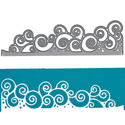 Swirly waves border metal cutting die with a teal card example showing the decorative cut edge