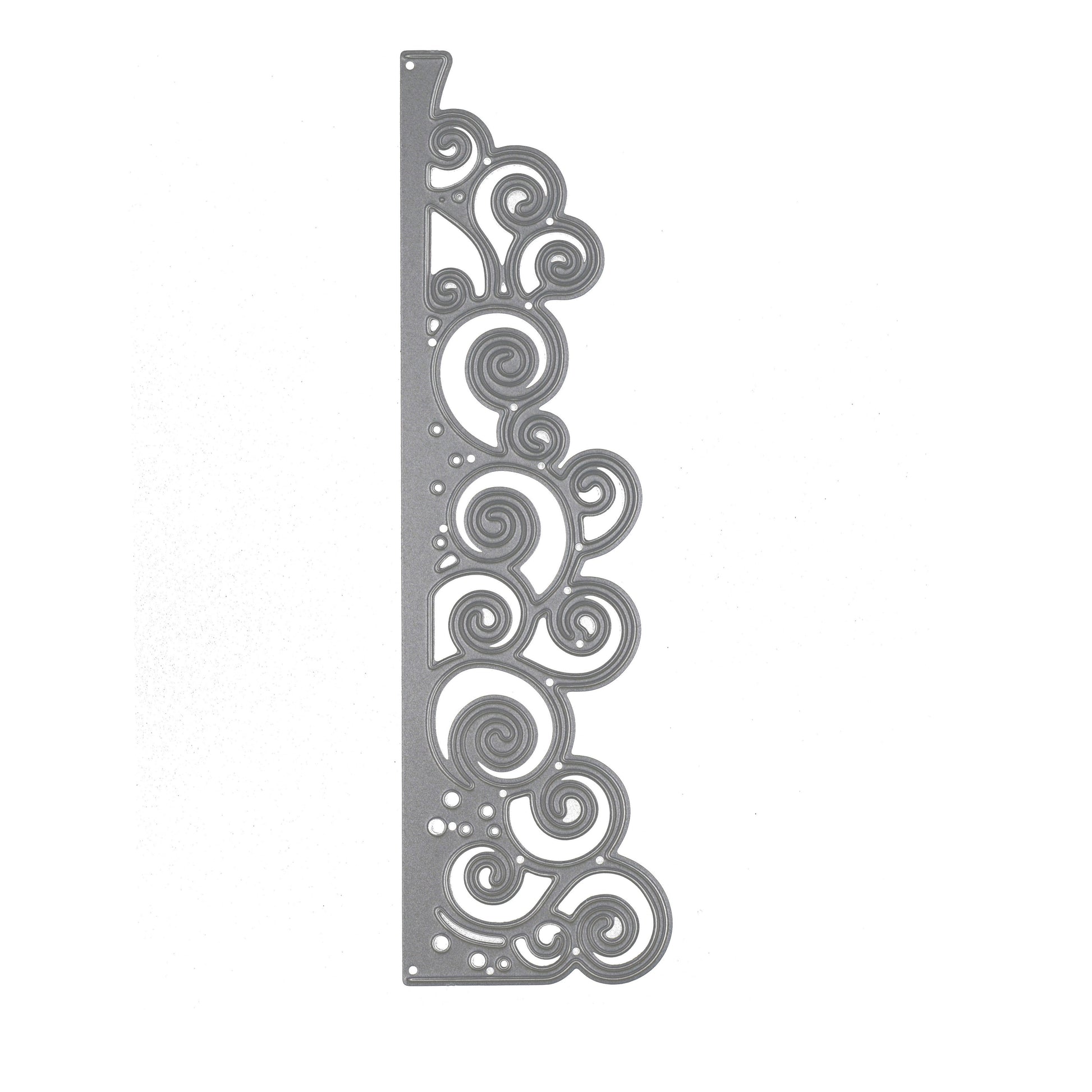 Decorative swirly waves border metal cutting die shown vertically on a white background