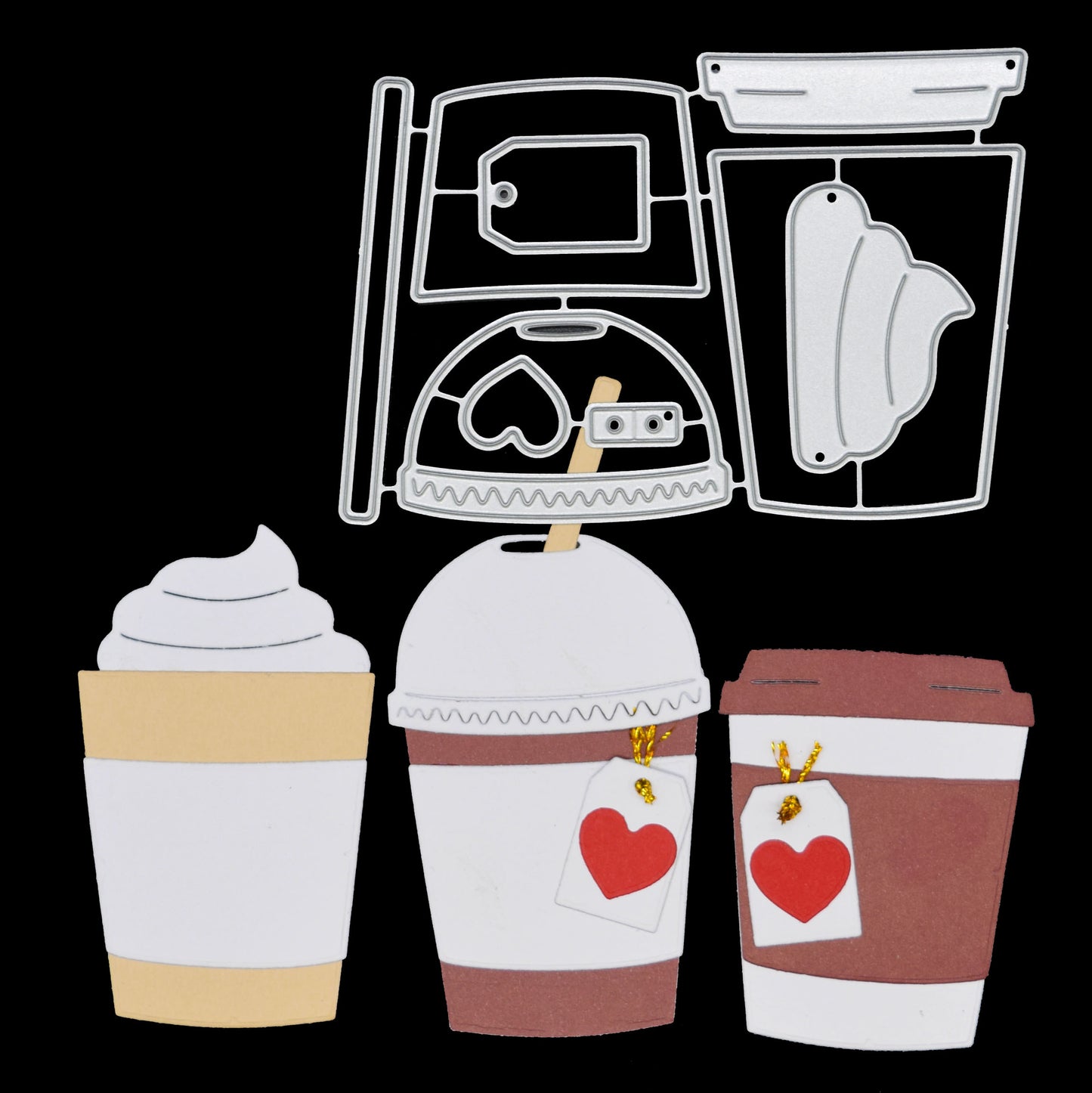 Takeaway coffee, latte and boba tea metal cutting dies set with the metal dies and finished cup examples displayed on a black background