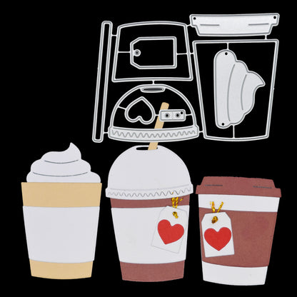 Takeaway coffee, latte and boba tea metal cutting dies set with the metal dies and finished cup examples displayed on a black background