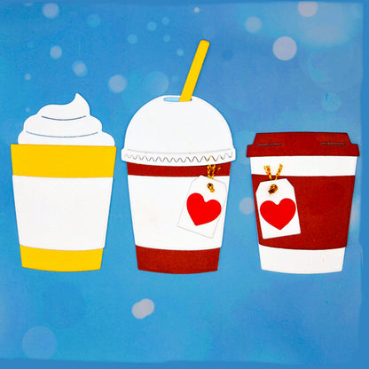 Takeaway coffee, latte and boba tea metal cutting dies set shown as three finished drink cup paper craft examples on a blue background
