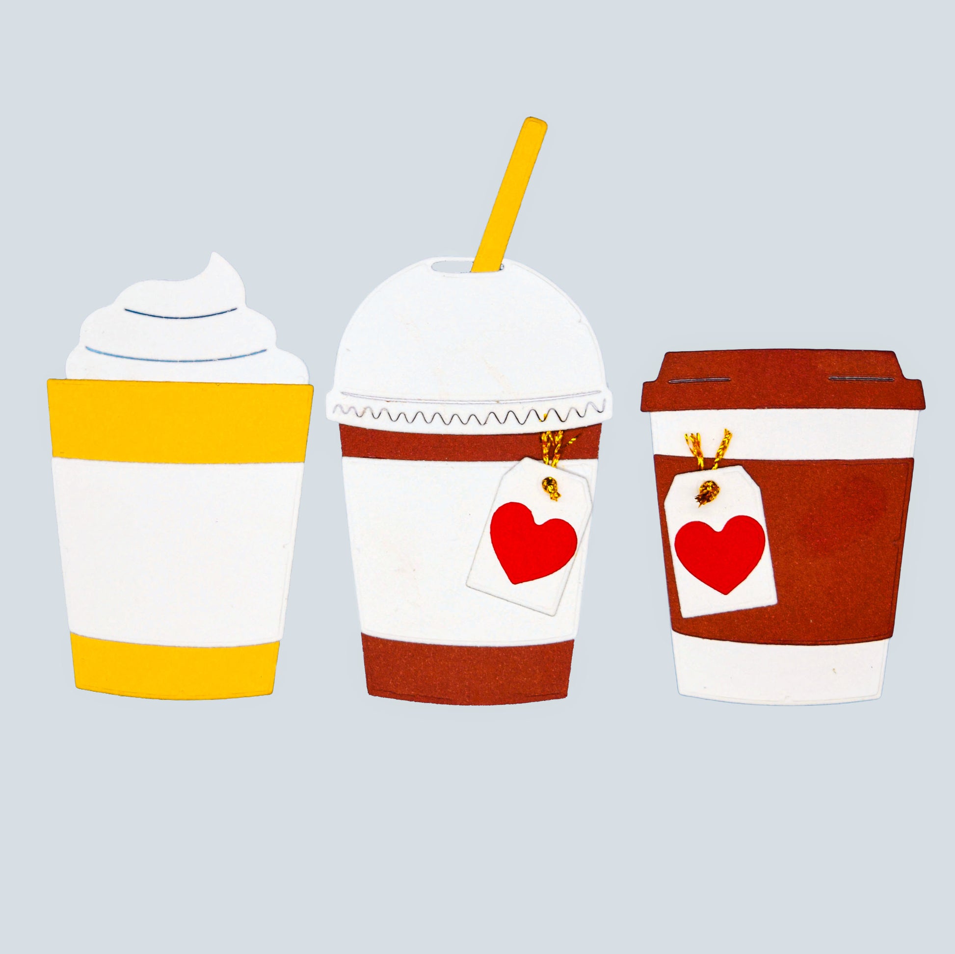 Three finished drink cup designs made with the takeaway coffee, latte and boba tea metal cutting dies set for card making and papercraft