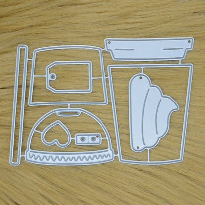 Takeaway coffee, latte and boba tea metal cutting dies set shown on a light tan faux fur background