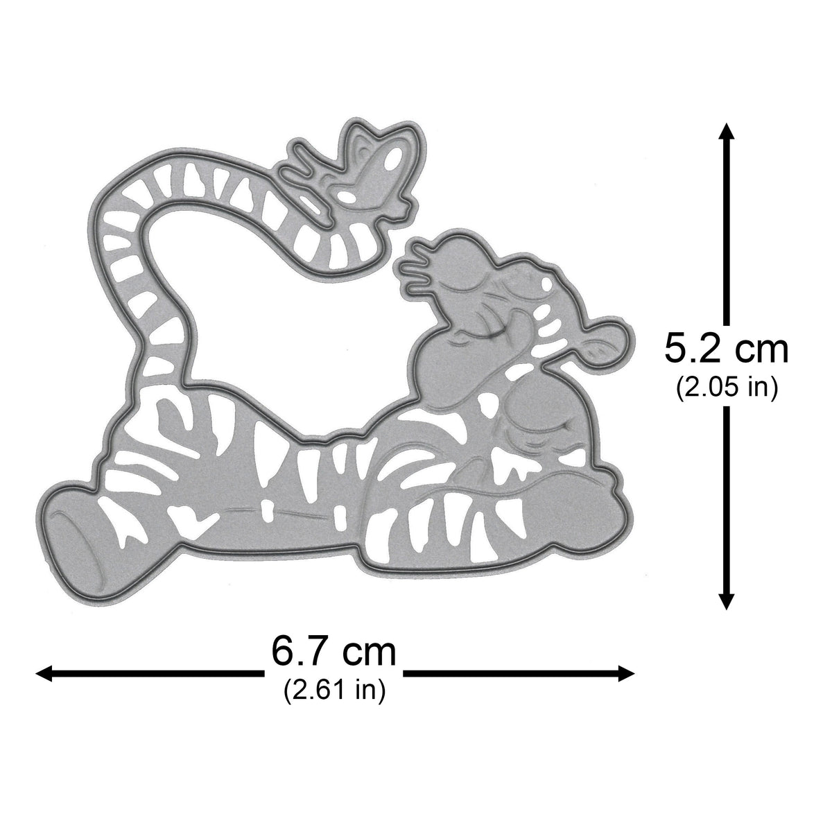 Tigger metal cutting die with measurement arrows showing a width of 6.7 cm and a height of 5.2 cm.