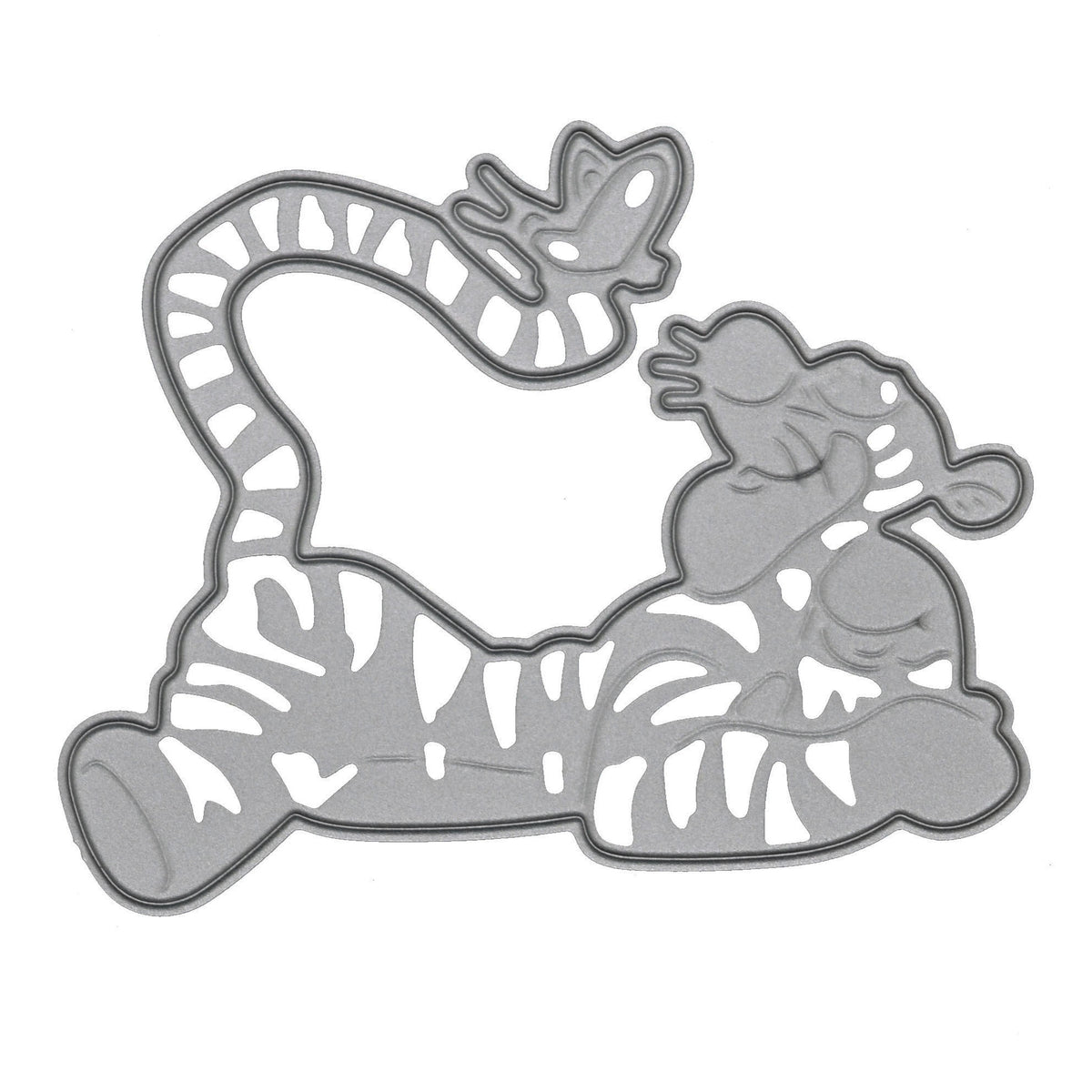 Tigger metal cutting die on white, showing the smiling character in a reclining pose with a curled striped tail.