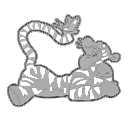 Tigger metal cutting die on white, showing the smiling character in a reclining pose with a curled striped tail.