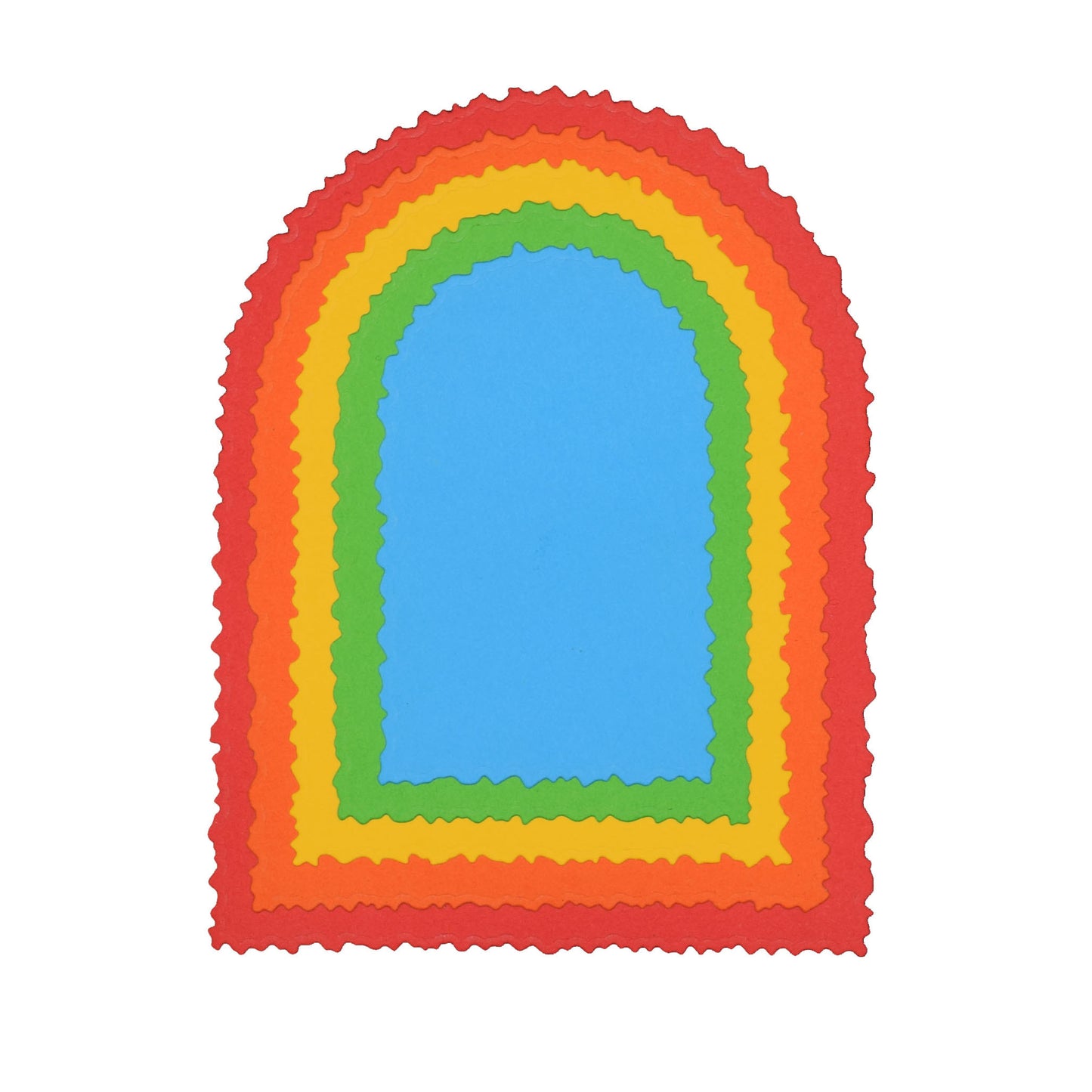 Layered arch-shaped cardstock cuts made with torn edge arch metal cutting dies, shown in bright colours for card making and papercraft.
