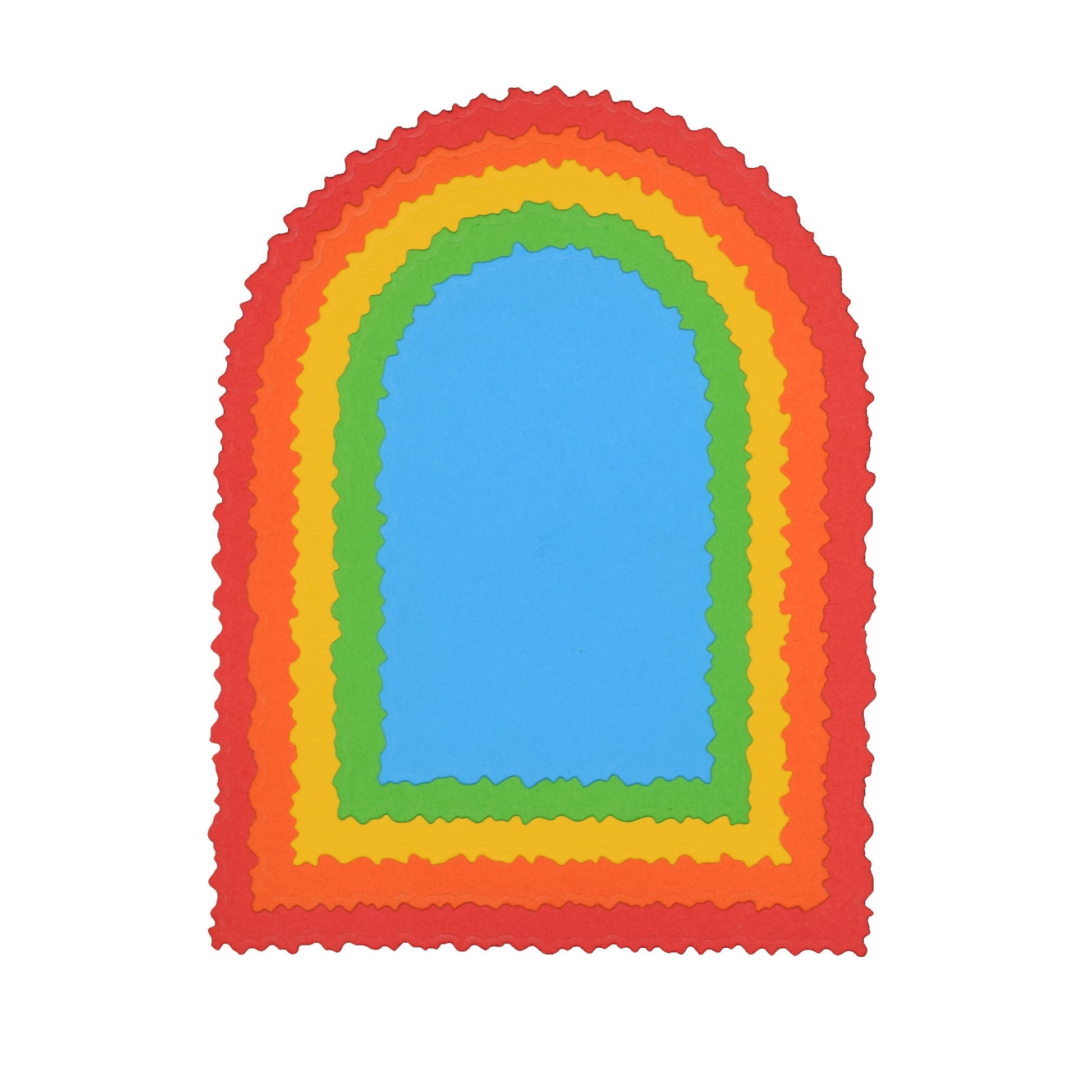 Layered arch-shaped cardstock cuts made with torn edge arch metal cutting dies, shown in bright colours for card making and papercraft.