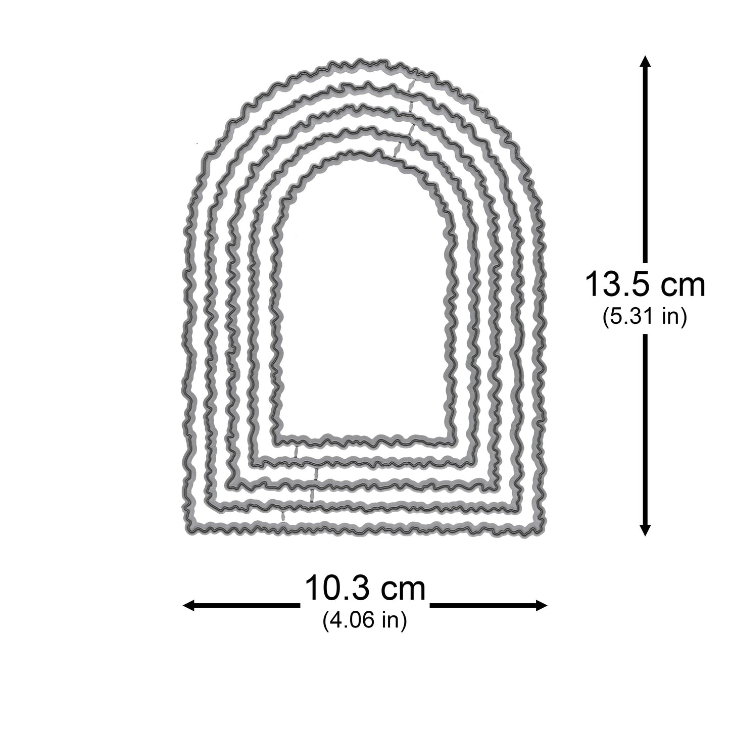 Five torn edge arch nesting metal cutting dies with the largest measuring approximately 13.5 x 10.3 cm for card making and papercraft.