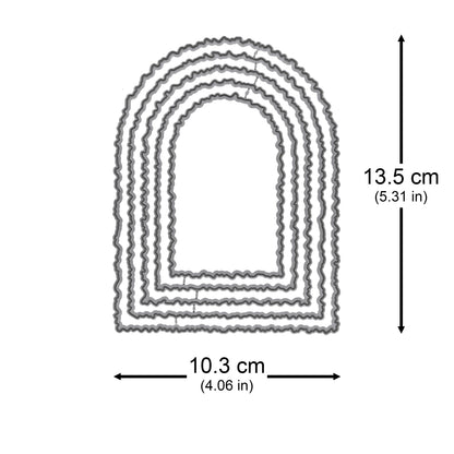 Five torn edge arch nesting metal cutting dies with the largest measuring approximately 13.5 x 10.3 cm for card making and papercraft.