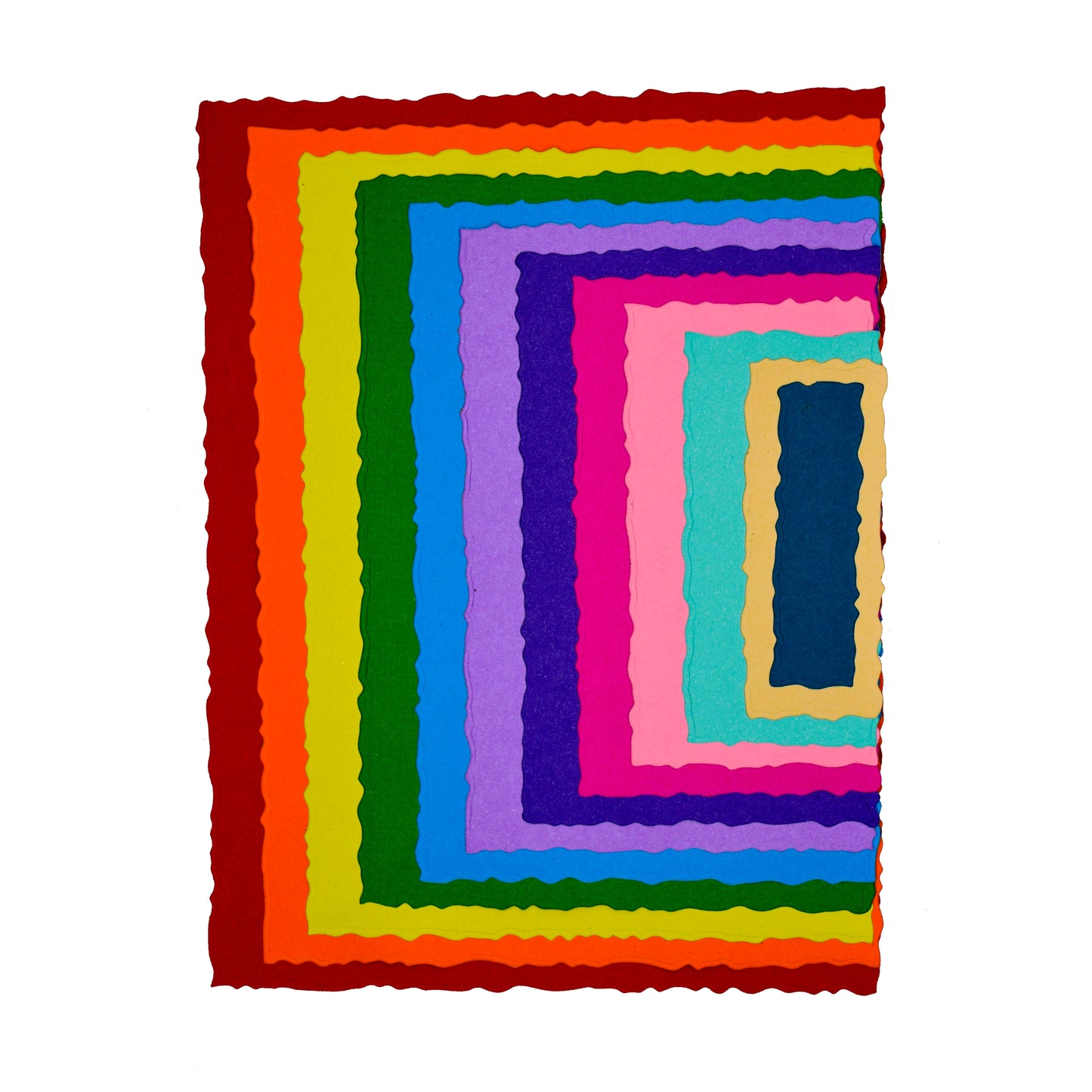 Twelve colourful graduated rectangle die cuts with irregular torn-style edges for card making and papercraft