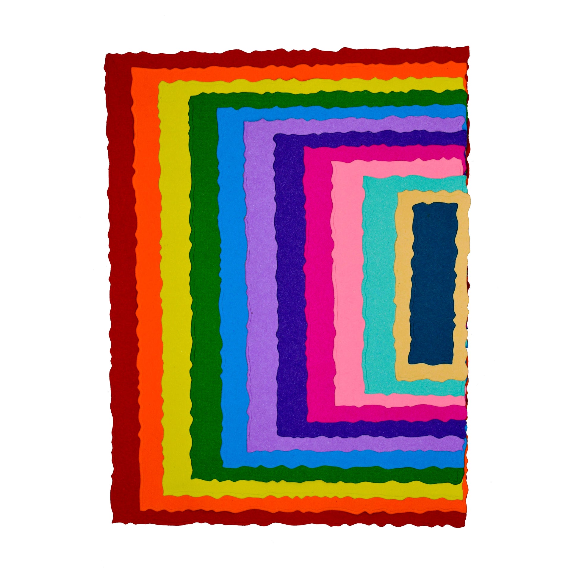 Twelve colourful graduated rectangle die cuts with irregular torn-style edges for card making and papercraft