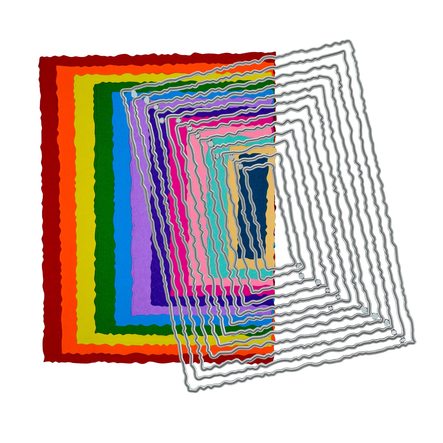 Torn edge rectangle nesting metal cutting dies shown with colourful graduated example cuts on a white background