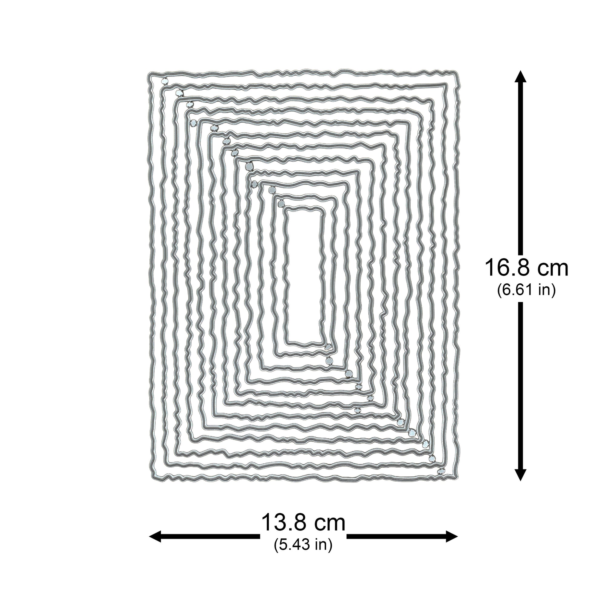 Torn edge rectangle nesting metal cutting die set with the largest die measuring approximately 16.8 × 13.8 cm