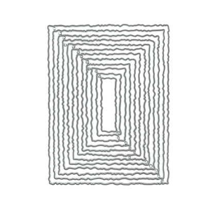 Set of twelve graduated torn edge rectangle nesting metal cutting dies displayed on a white background