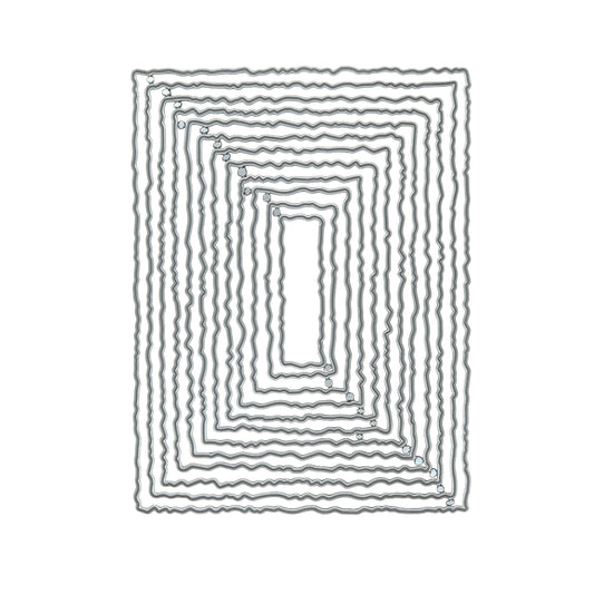 Set of twelve graduated torn edge rectangle nesting metal cutting dies displayed on a white background