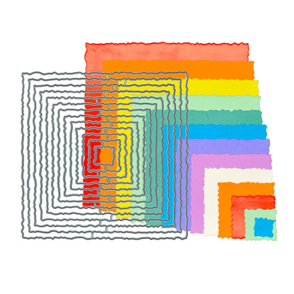 Torn edge square nesting metal cutting dies shown beside thirteen colourful graduated square cuts for card making and papercraft