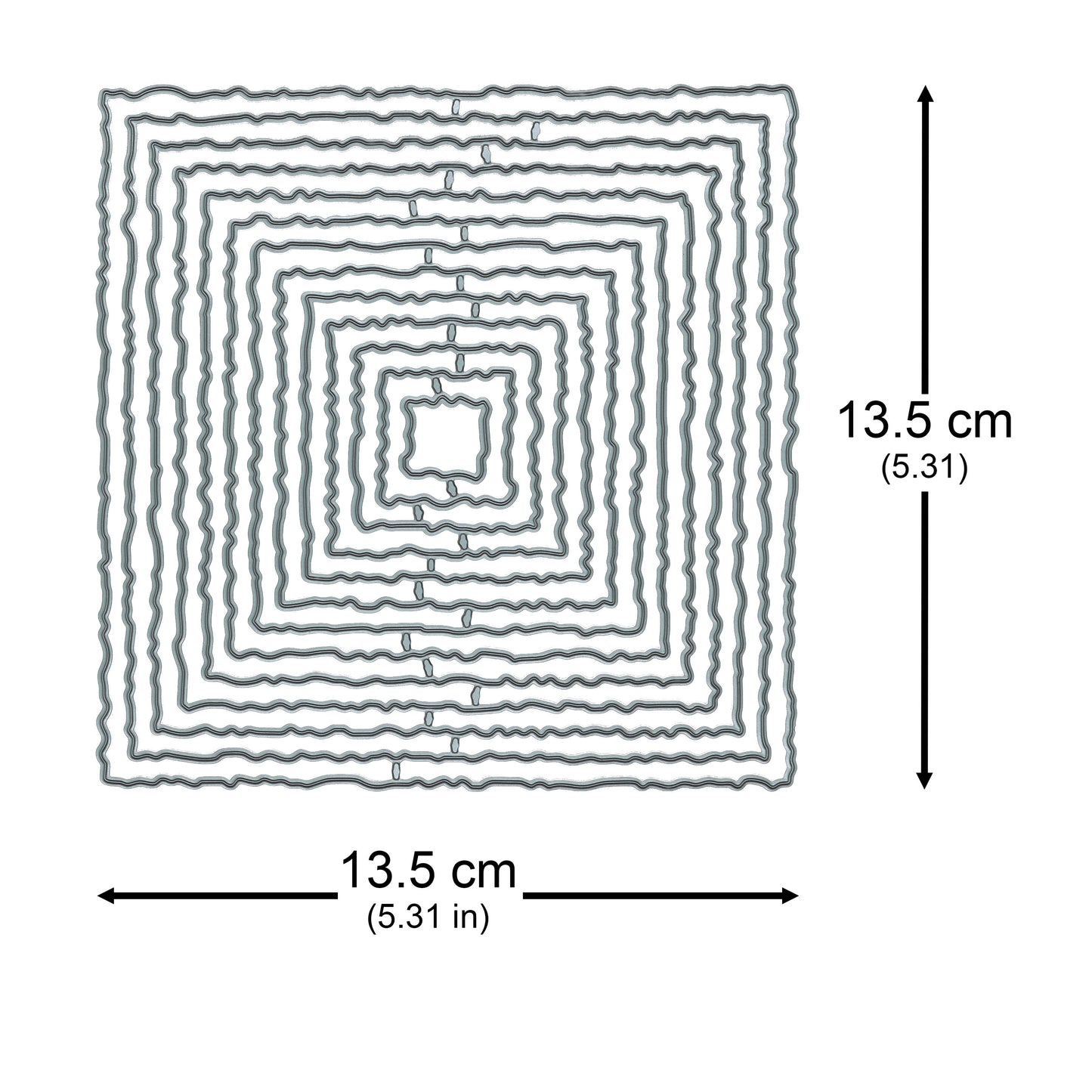 Torn edge square nesting metal cutting die set with the largest die shown as approximately 13.5 by 13.5 cm