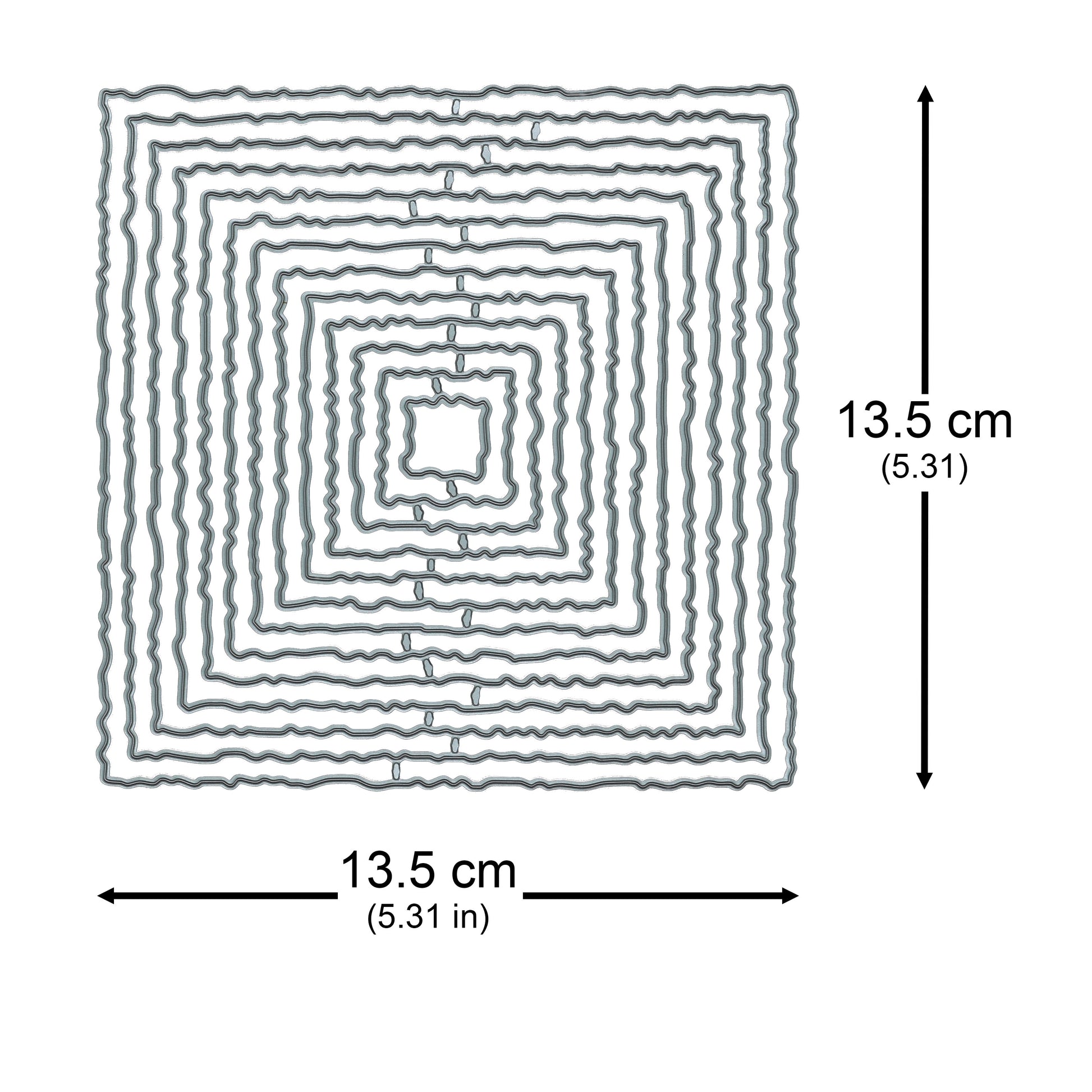 Torn edge square nesting metal cutting die set with the largest die shown as approximately 13.5 by 13.5 cm